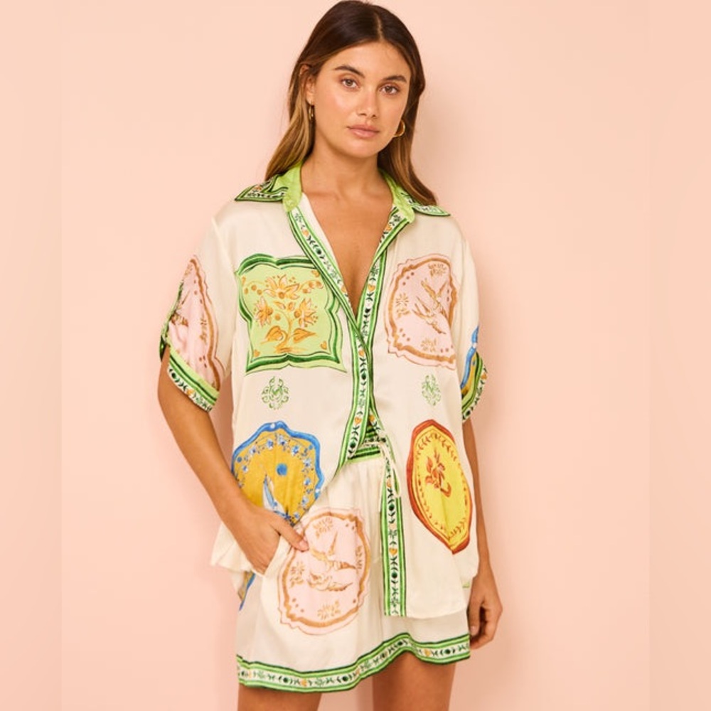 Alémais Porcelain Silk Short-Sleeve Button-Front Shirt - AU 10 / US 6